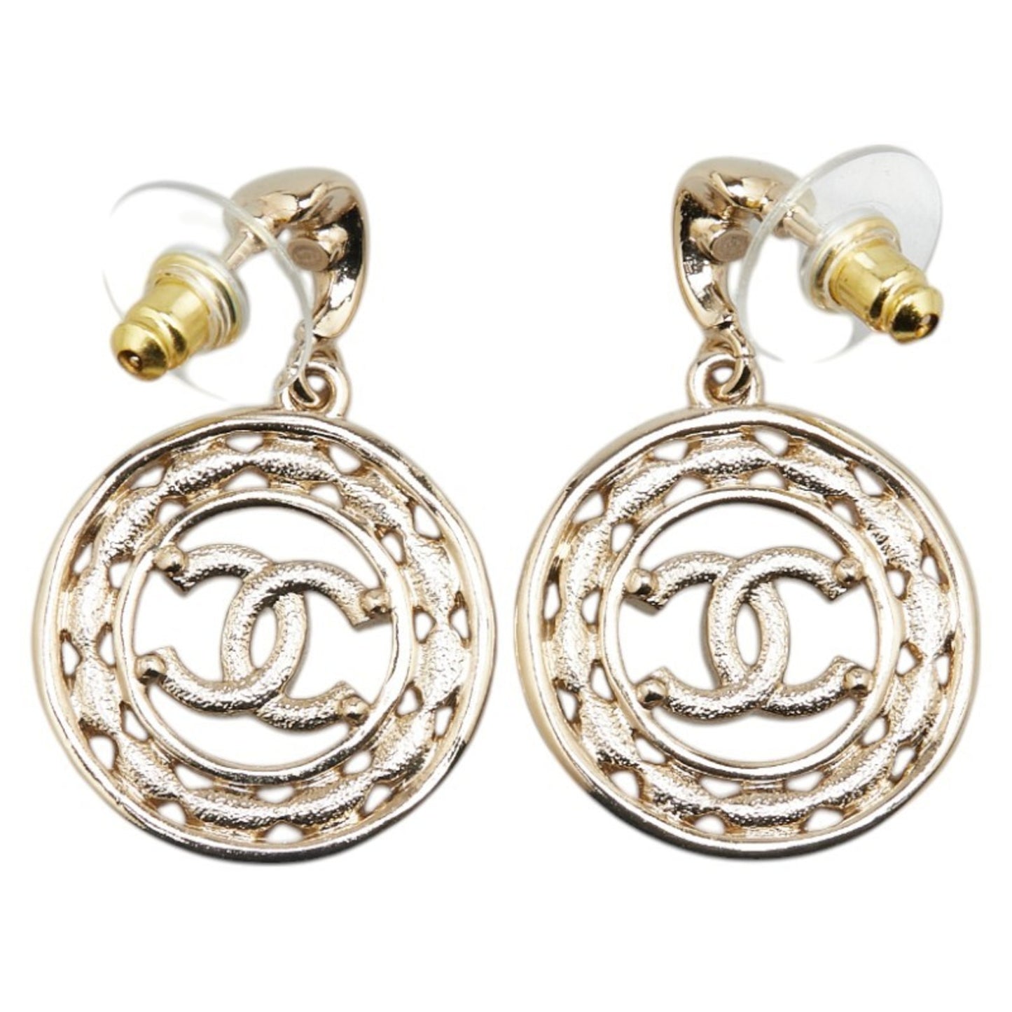 CHANEL Coco Mark Rhinestone Earrings Silver Metal