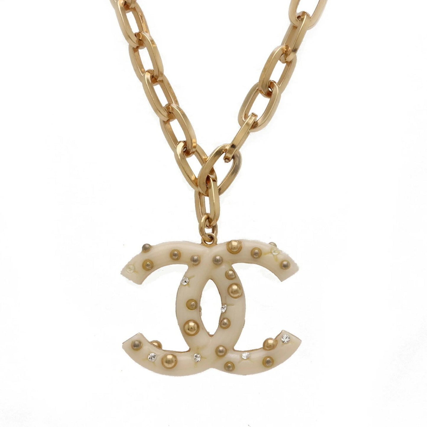 CHANEL Coco Mark Chain Necklace Pendant GP Plastic Studs Rhinestone Ivory Gold 06A