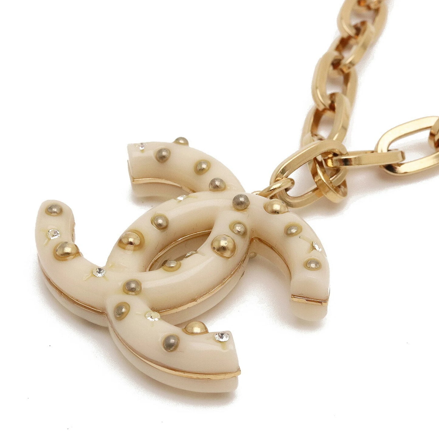 CHANEL Coco Mark Chain Necklace Pendant GP Plastic Studs Rhinestone Ivory Gold 06A