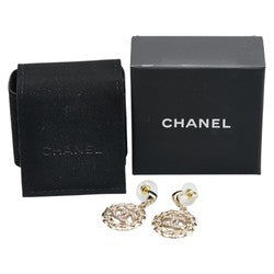 CHANEL Coco Mark Rhinestone Earrings Silver Metal