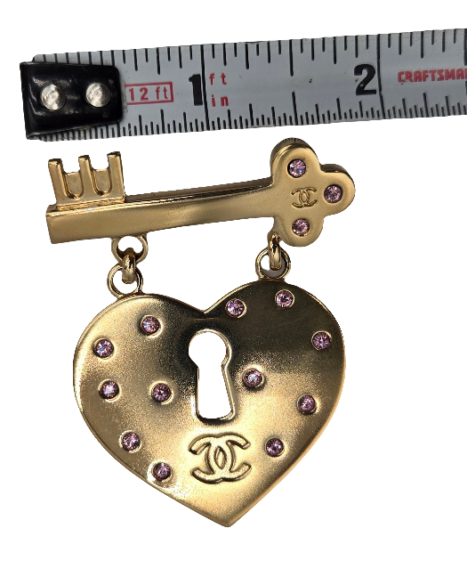 Chanel 2002 Rhinestone-Embellished Heart and Key Brooch