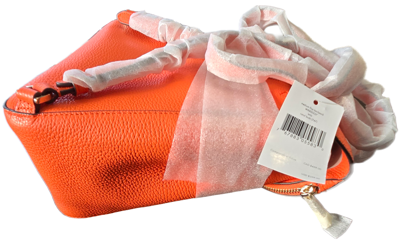Kate Spade Leila Medium Flap Pebbled Leather Backpack, Coral - New with Tags