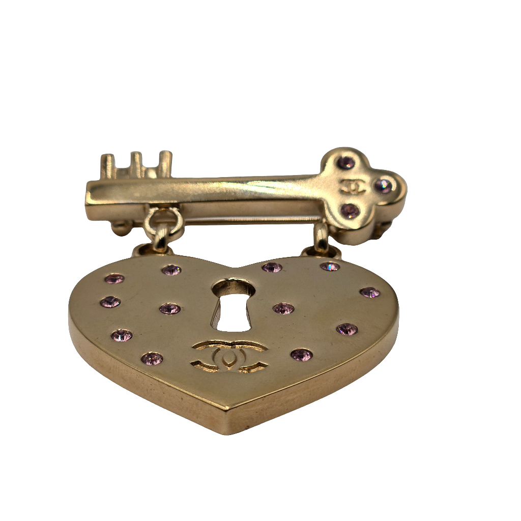 Chanel 2002 Rhinestone-Embellished Heart and Key Brooch