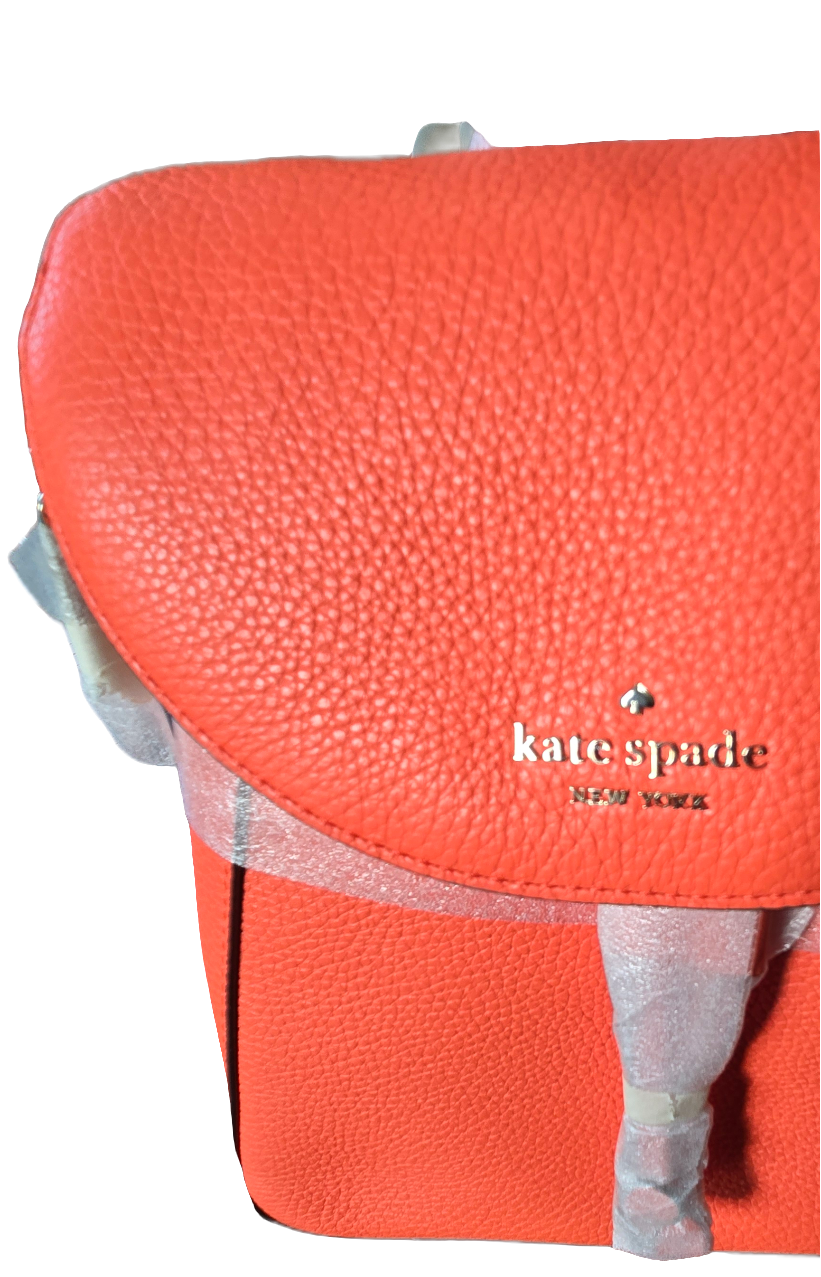 Kate Spade Leila Medium Flap Pebbled Leather Backpack, Coral - New with Tags