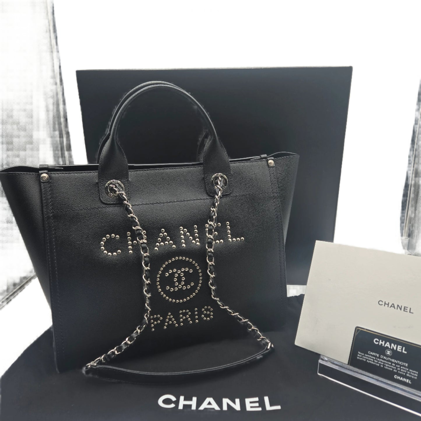 CHANEL Deauville 2way Chain Tote Shoulder Bag Studs Caviar Skin Black A57069