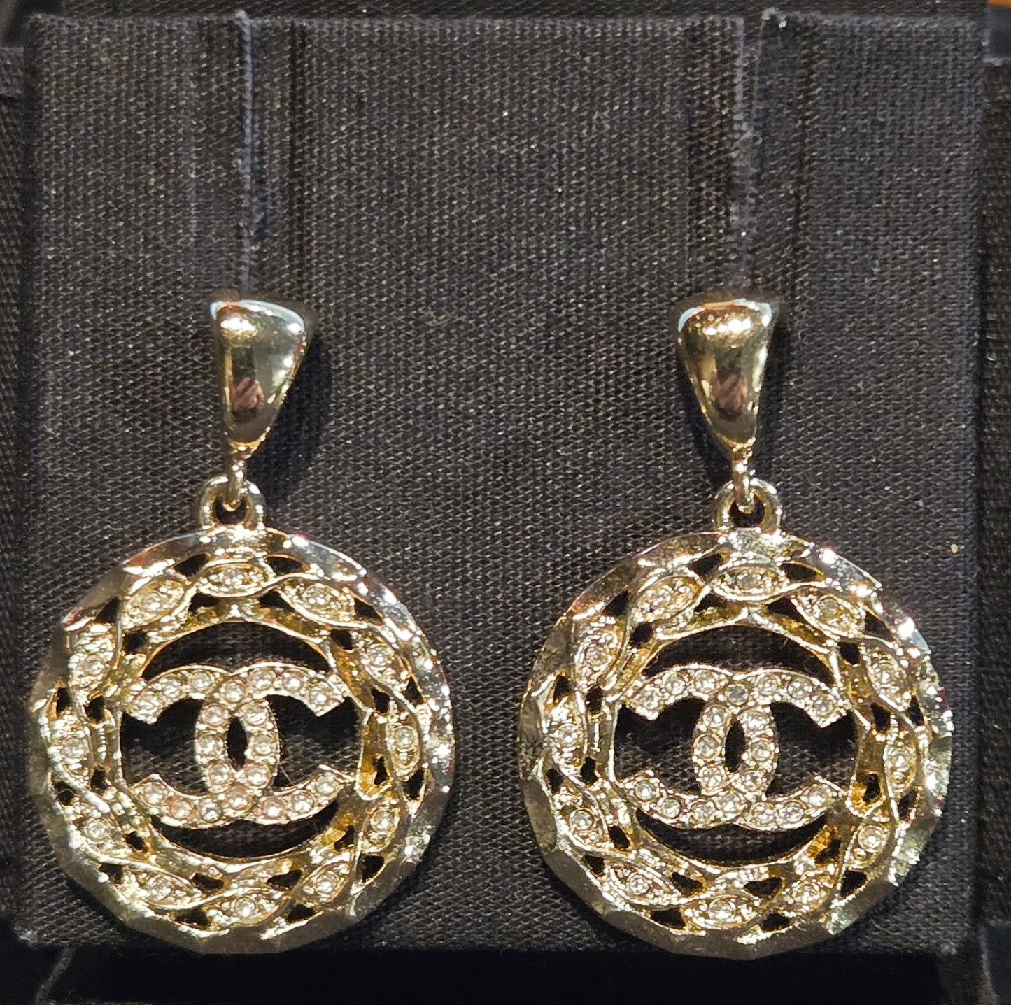 CHANEL Coco Mark Rhinestone Earrings Silver Metal
