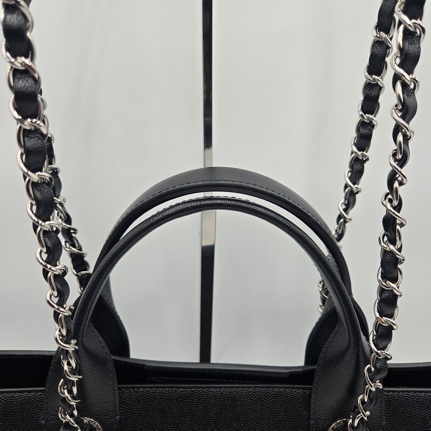 CHANEL Deauville 2way Chain Tote Shoulder Bag Studs Caviar Skin Black A57069