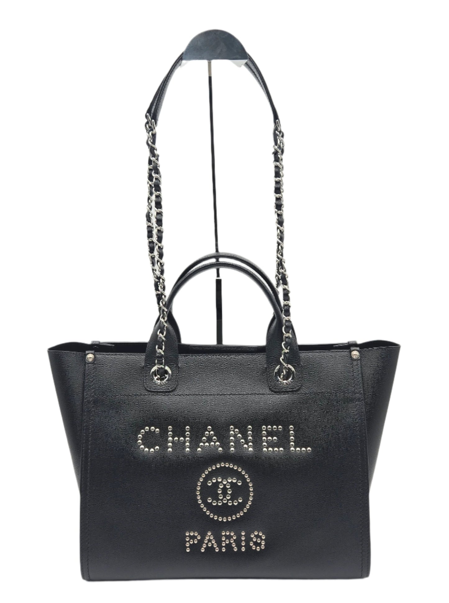 CHANEL Deauville 2way Chain Tote Shoulder Bag Studs Caviar Skin Black A57069