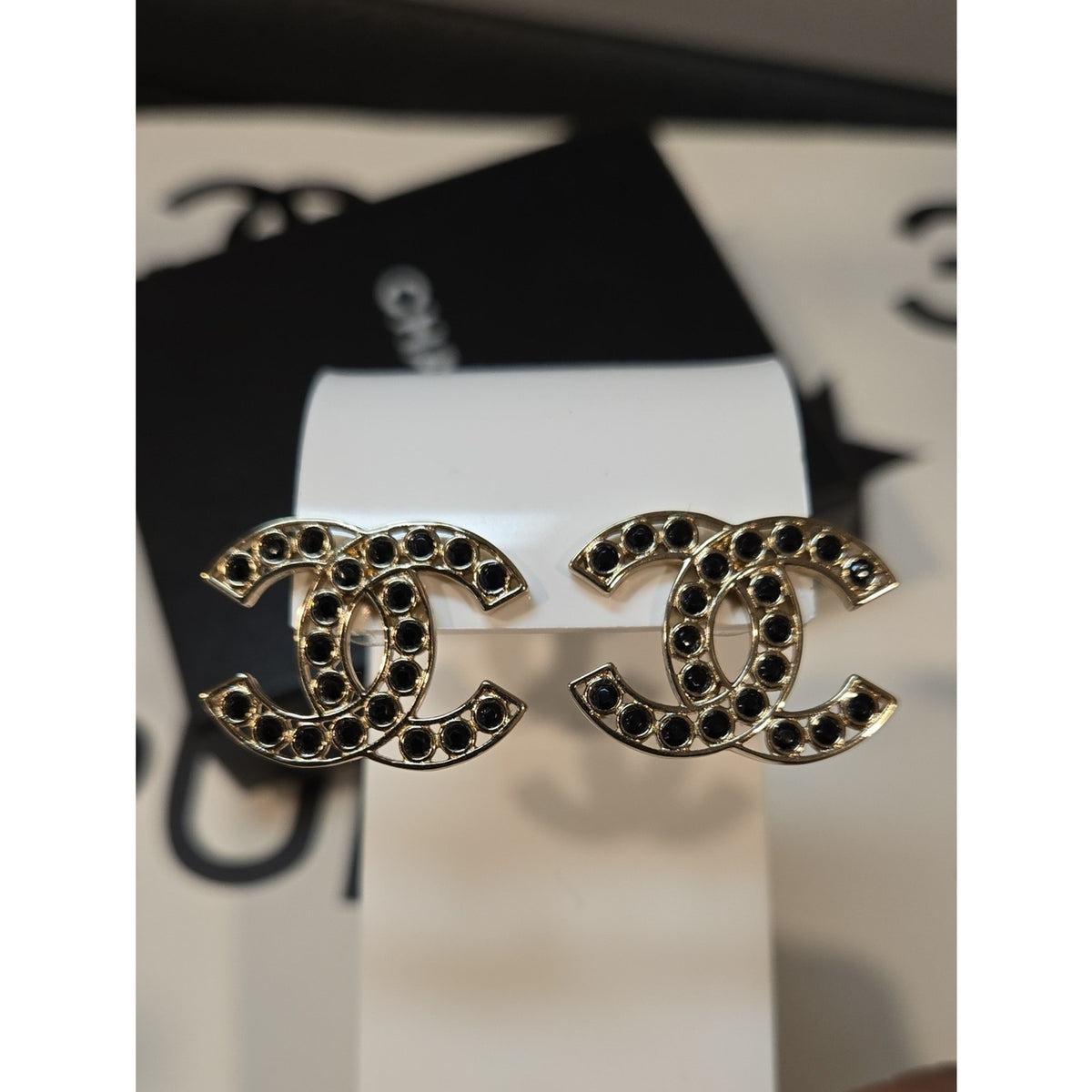 #191 - Chanel 2023B Black Crystal CC Logo Stud Earrings, Gold-Tone Metal