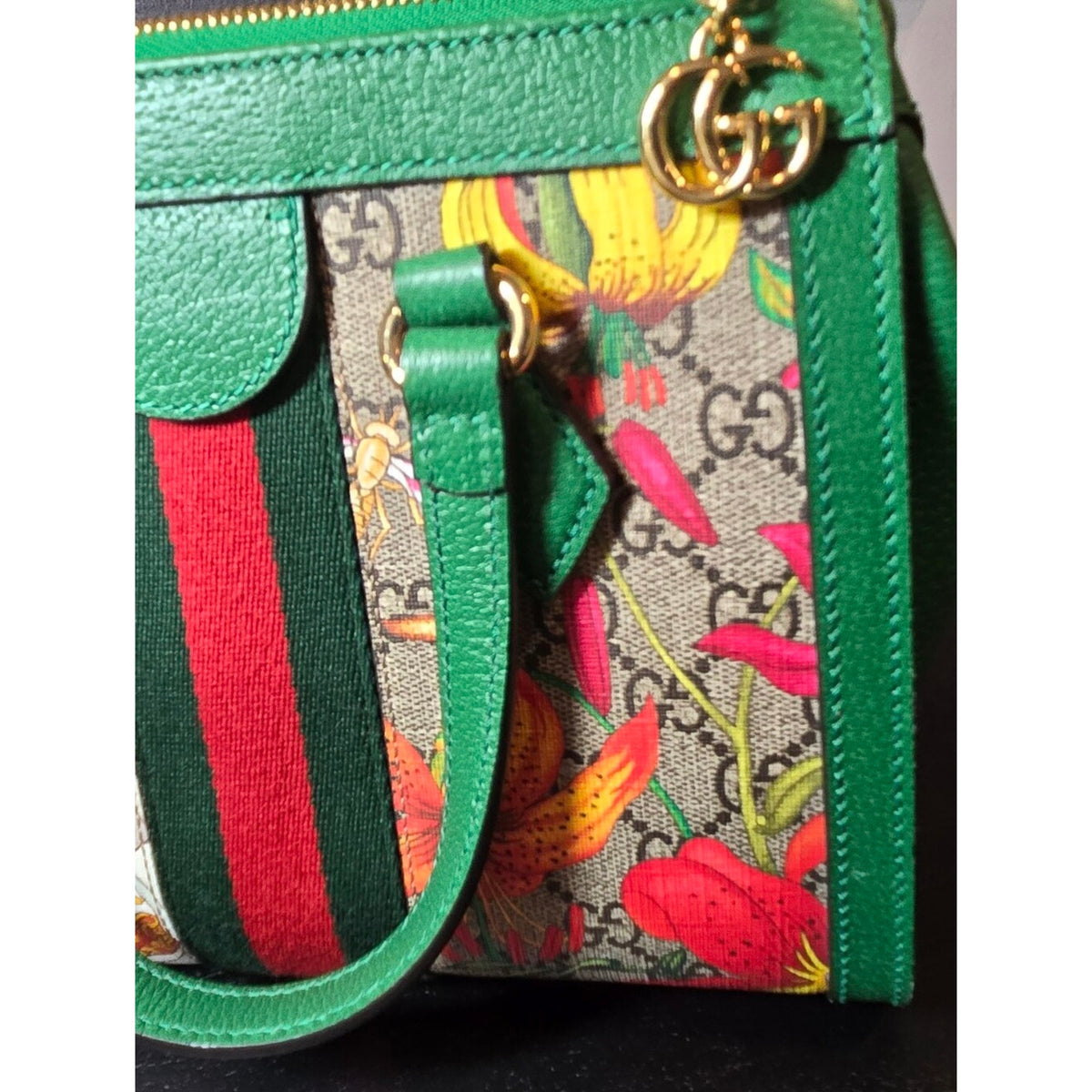 Gucci GG flora Ophidia PVC & leather 2 Way Handbag Beige x green 547551