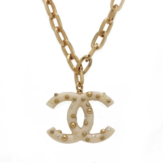 CHANEL Coco Mark Chain Necklace Pendant GP Plastic Studs Rhinestone Ivory Gold 06A