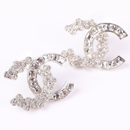CHANEL B19V Coco Mark Rhinestone Earrings, Silver Color - LIKE NEW