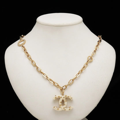 CHANEL Coco Mark Chain Necklace Pendant GP Plastic Studs Rhinestone Ivory Gold 06A