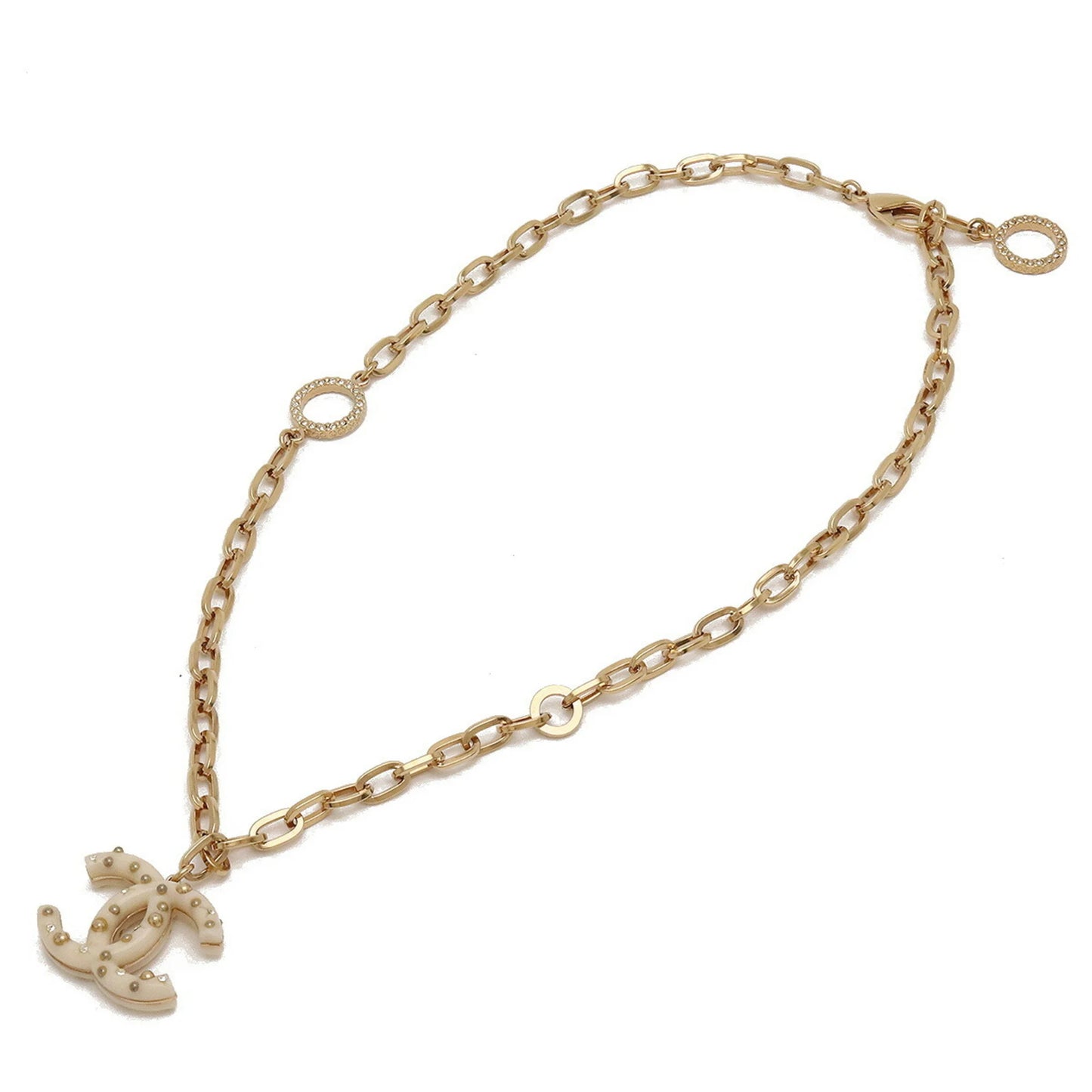 CHANEL Coco Mark Chain Necklace Pendant GP Plastic Studs Rhinestone Ivory Gold 06A