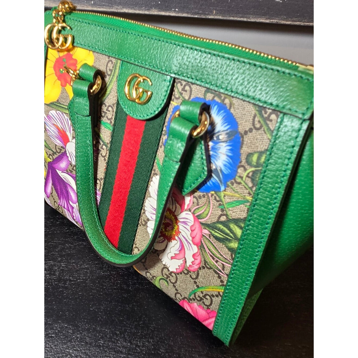 Gucci GG flora Ophidia PVC & leather 2 Way Handbag Beige x green 547551
