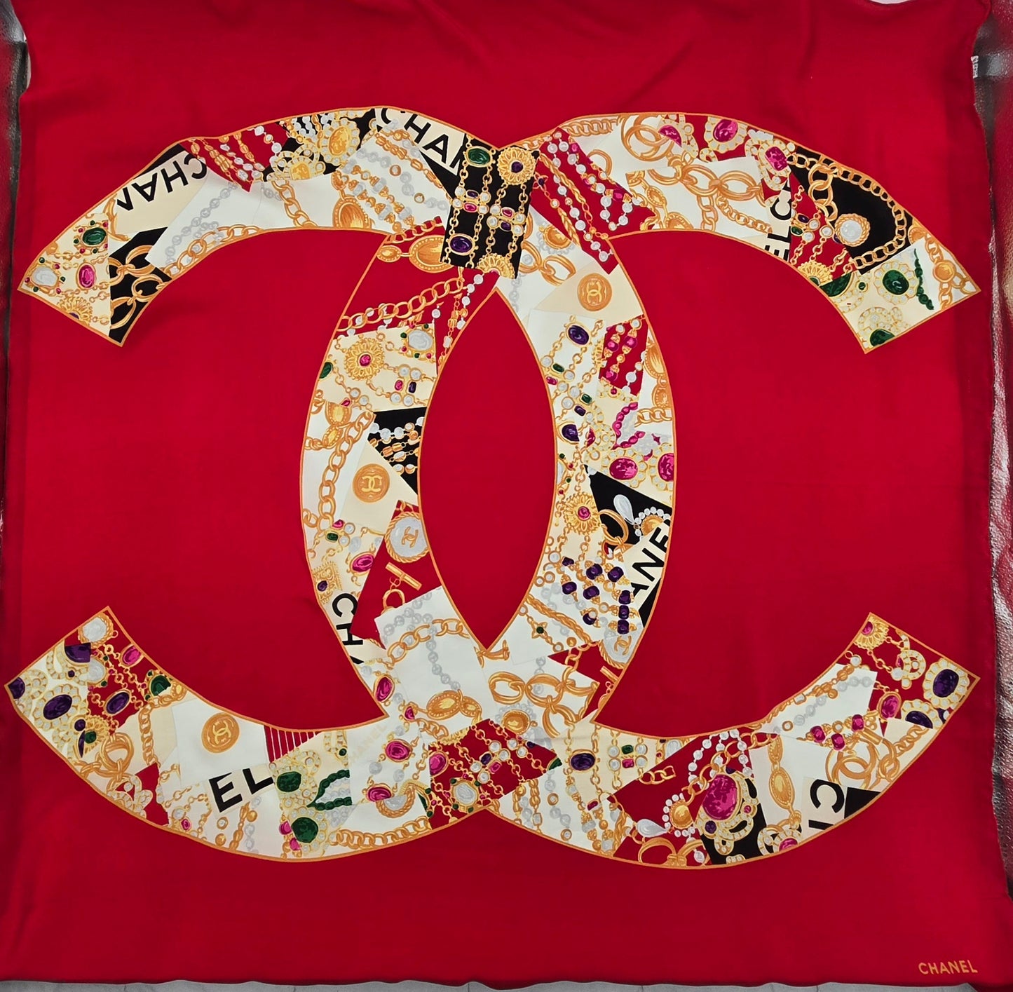 Chanel Double C Red Silk Scarf