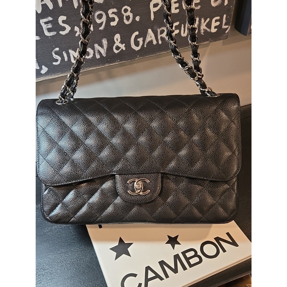 CHANEL Double Flap Jumbo 30, Black Caviar, Silver Hardware - COA included