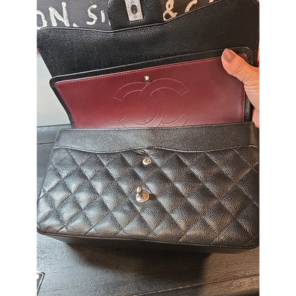 CHANEL Double Flap Jumbo 30, Black Caviar, Silver Hardware - COA included