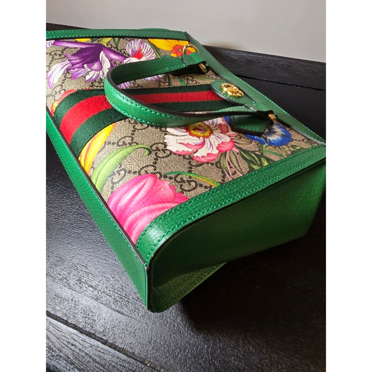 Gucci GG flora Ophidia PVC & leather 2 Way Handbag Beige x green 547551