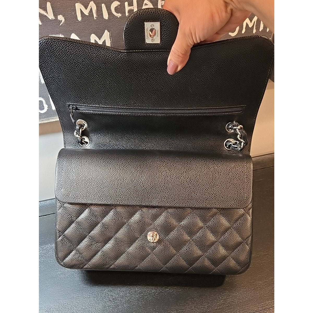 CHANEL Double Flap Jumbo 30, Black Caviar, Silver Hardware - COA included