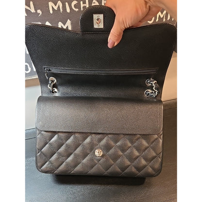 CHANEL Double Flap Jumbo 30, Black Caviar, Silver Hardware - COA included