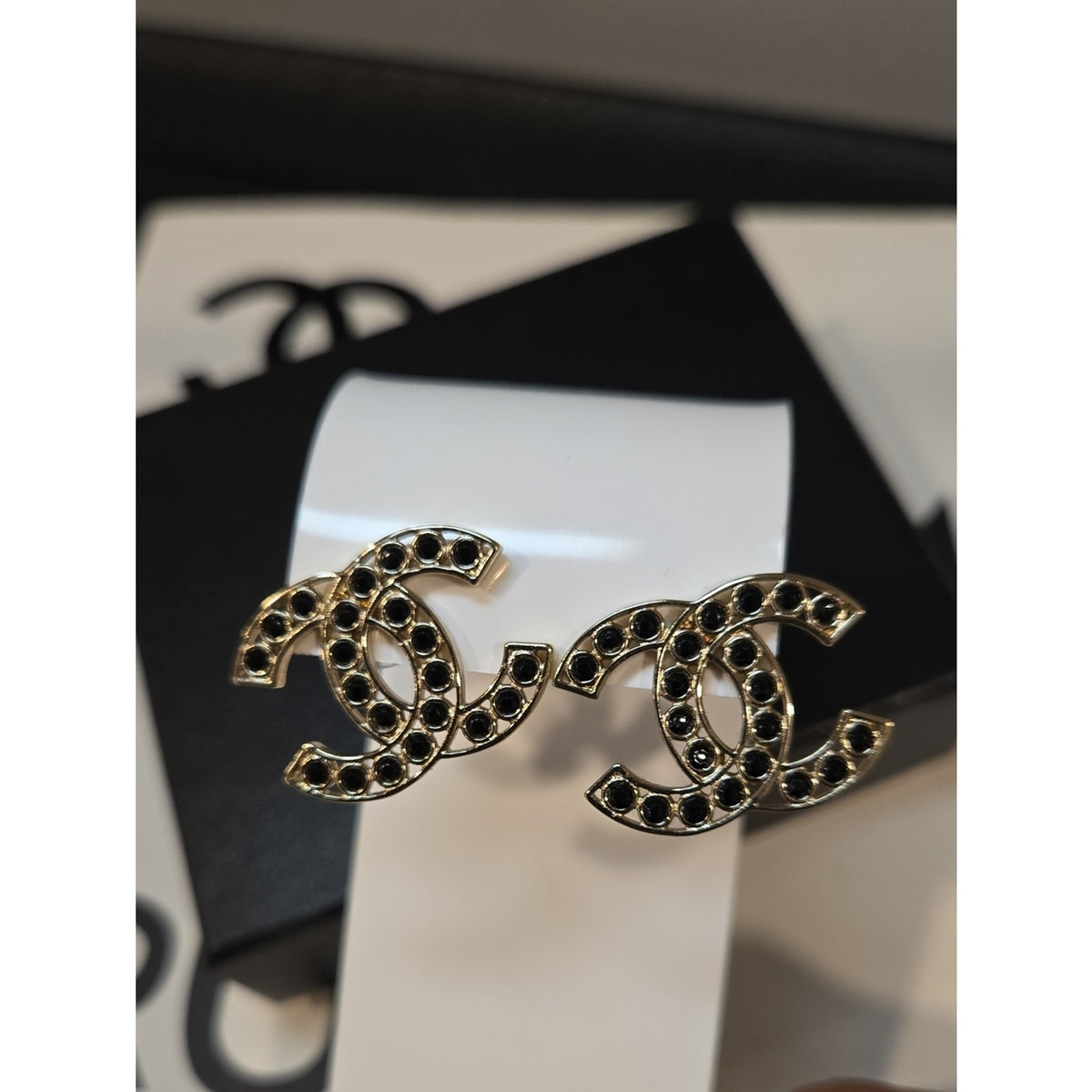 #191 - Chanel 2023B Black Crystal CC Logo Stud Earrings, Gold-Tone Metal