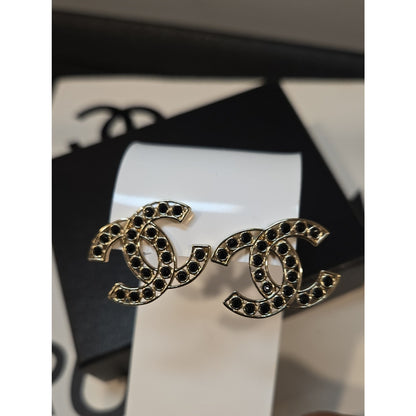 #191 - Chanel 2023B Black Crystal CC Logo Stud Earrings, Gold-Tone Metal