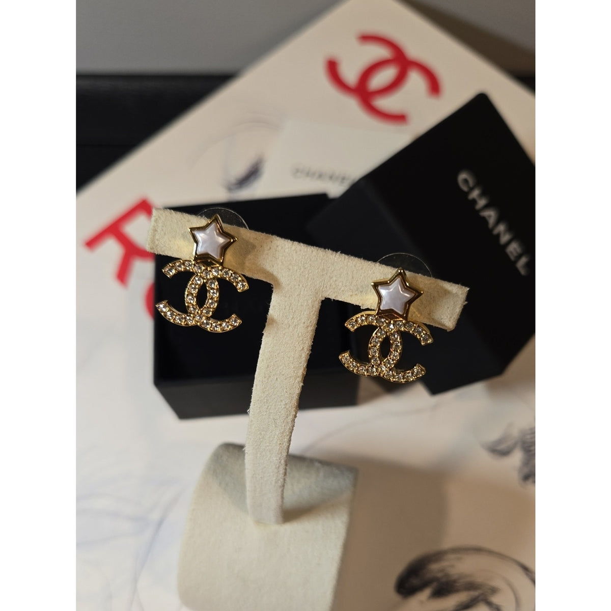 #201 - CHANEL Star Earrings, Metal, Gold, B25V, Rhinestone, Coco Mark