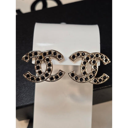 #191 - Chanel 2023B Black Crystal CC Logo Stud Earrings, Gold-Tone Metal