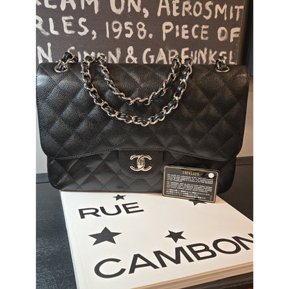 CHANEL Double Flap Jumbo 30, Black Caviar, Silver Hardware - COA included