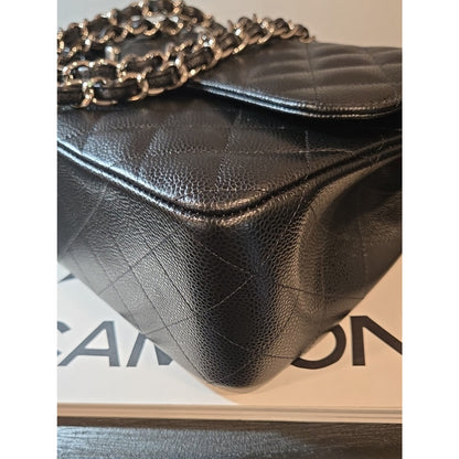 CHANEL Double Flap Jumbo 30, Black Caviar, Silver Hardware - COA included