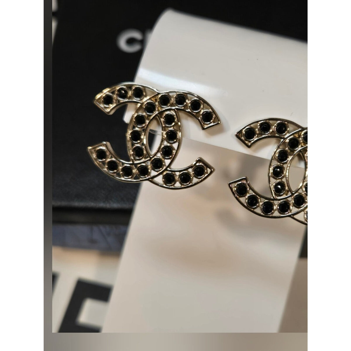 #191 - Chanel 2023B Black Crystal CC Logo Stud Earrings, Gold-Tone Metal