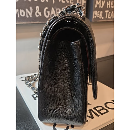 CHANEL Double Flap Jumbo 30, Black Caviar, Silver Hardware - COA included