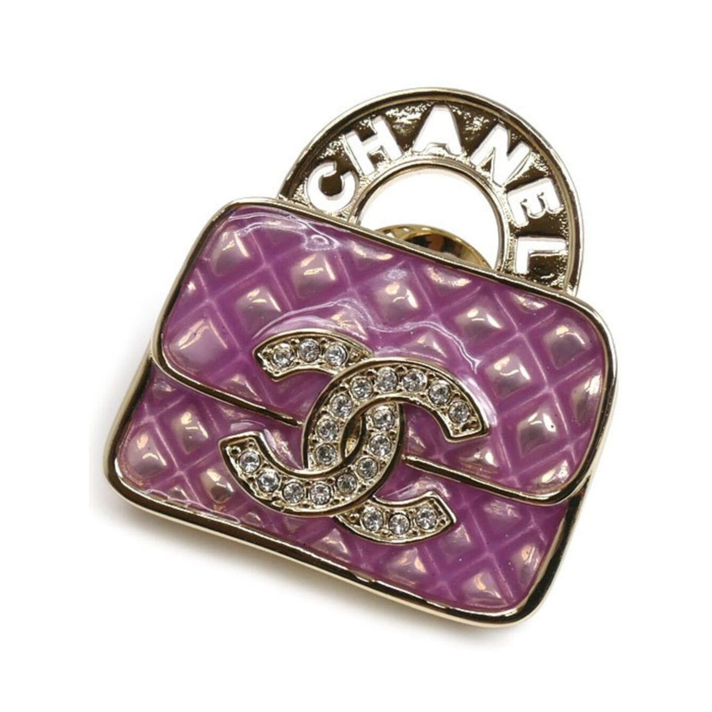 #134 - CHANEL Metal Strass Pin Brooch ABD441, pink bag with rhinestones