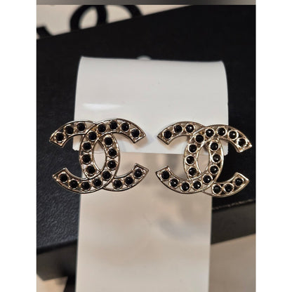 #191 - Chanel 2023B Black Crystal CC Logo Stud Earrings, Gold-Tone Metal