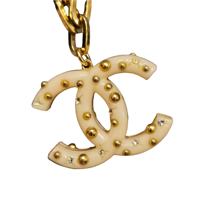 CHANEL Coco Mark Chain Necklace Pendant GP Plastic Studs Rhinestone Ivory Gold 06A