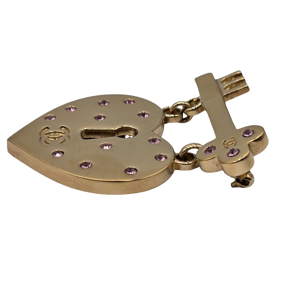 Chanel 2002 Rhinestone-Embellished Heart and Key Brooch