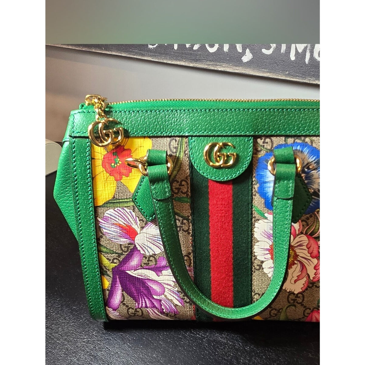 Gucci GG flora Ophidia PVC & leather 2 Way Handbag Beige x green 547551