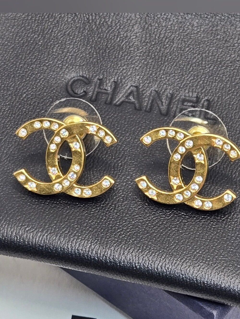#174 - CHANEL B24K Rhinestone Coco Mark Earrings, Gold