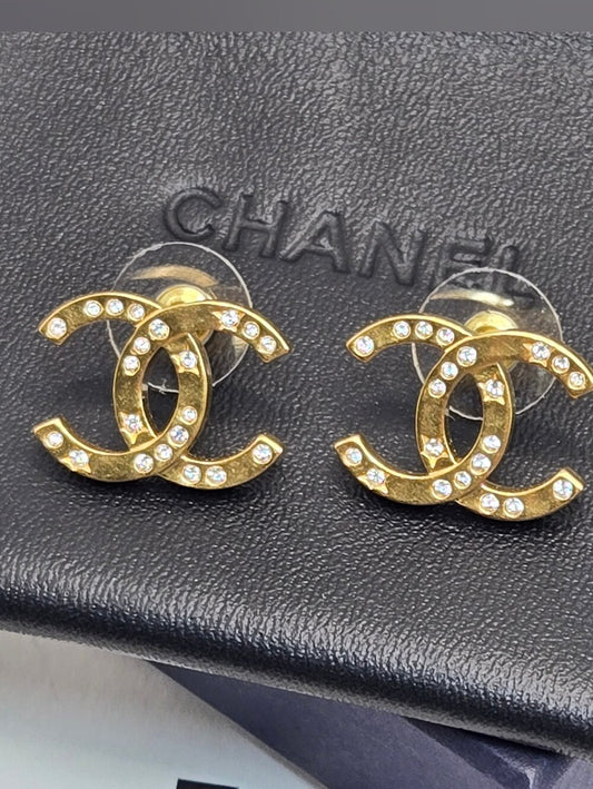 #174 - CHANEL B24K Rhinestone Coco Mark Earrings, Gold