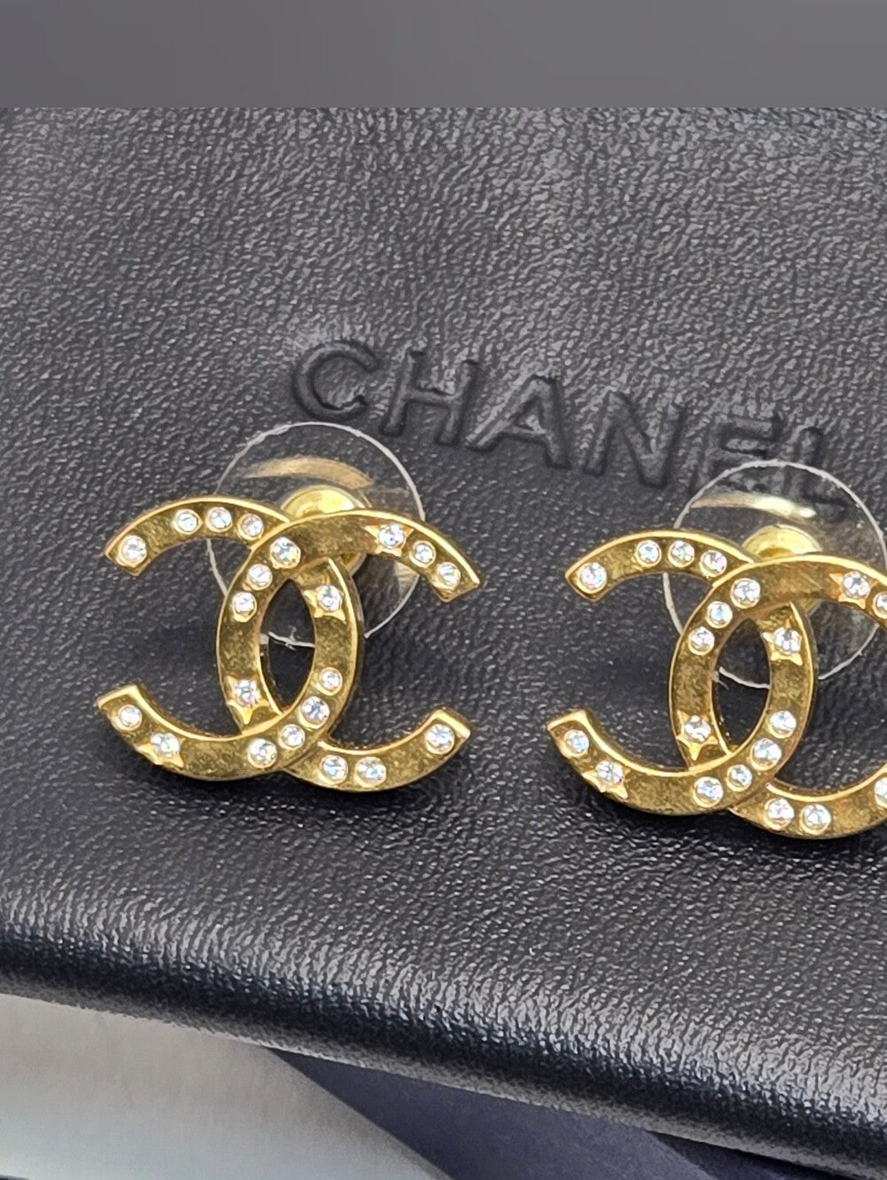#174 - CHANEL B24K Rhinestone Coco Mark Earrings, Gold
