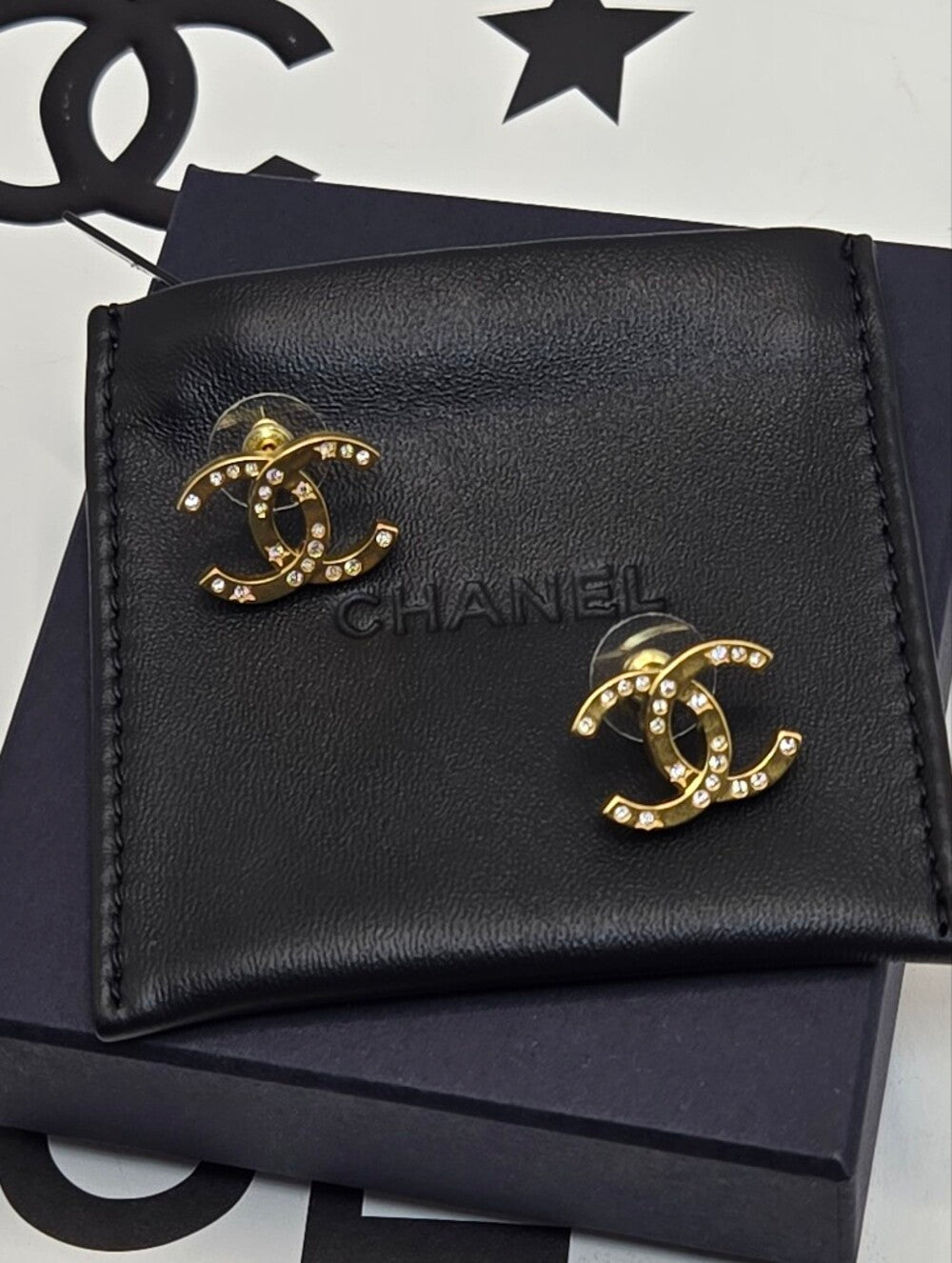 #174 - CHANEL B24K Rhinestone Coco Mark Earrings, Gold