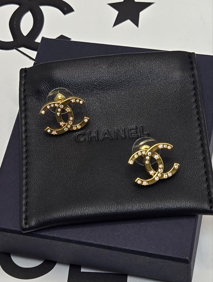 #174 - CHANEL B24K Rhinestone Coco Mark Earrings, Gold
