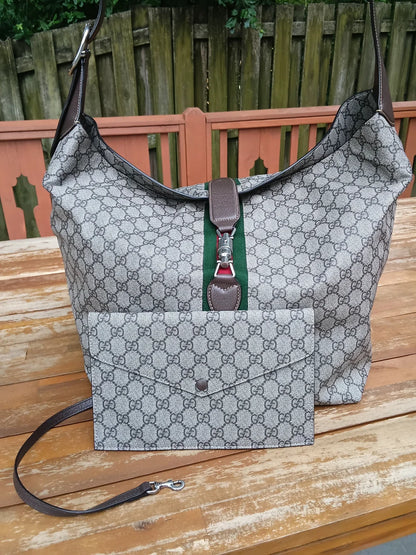Gucci Beige/Gray Monogram Travel Tote with Green & Red Web Stripe