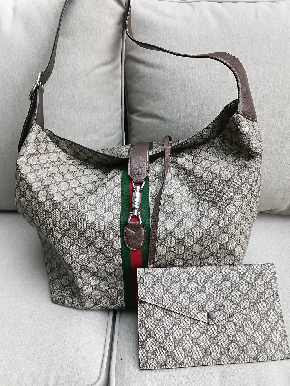 Gucci Beige/Gray Monogram Travel Tote with Green & Red Web Stripe