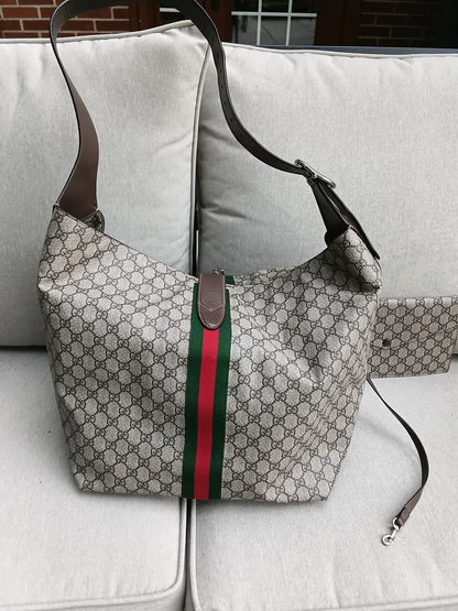 Gucci Beige/Gray Monogram Travel Tote with Green & Red Web Stripe