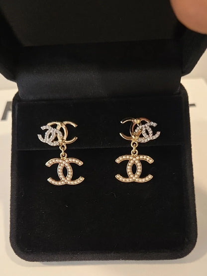 #148 - Chanel Triple CC Crystal/Pearl Earrings Light Gold/Silver 21B- AUTHENTIC