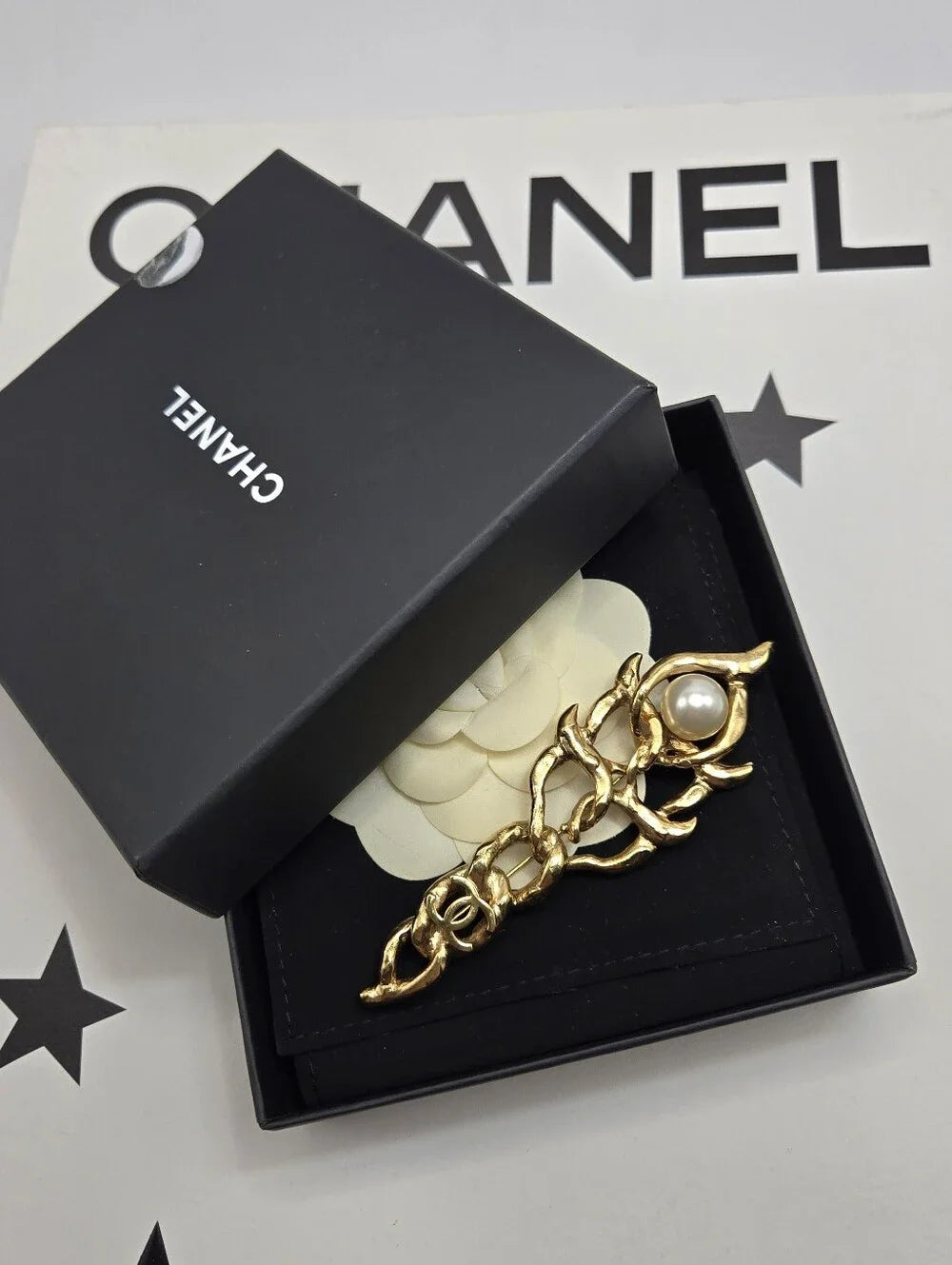 #1108 - Chanel Coco Mark L20C Brooch GP x Imitation pearl Gold