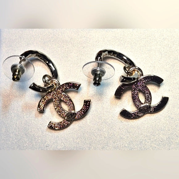 Authentic Chanel Earrings Coco Mark GP Plated Champagne Gold Black Ladies