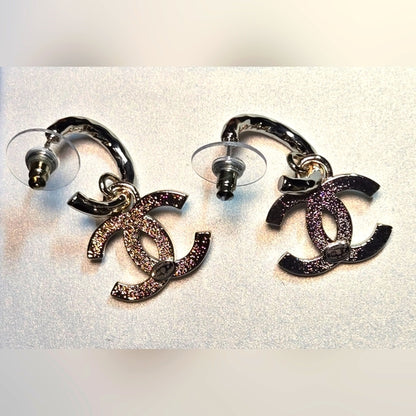 Authentic Chanel Earrings Coco Mark GP Plated Champagne Gold Black Ladies